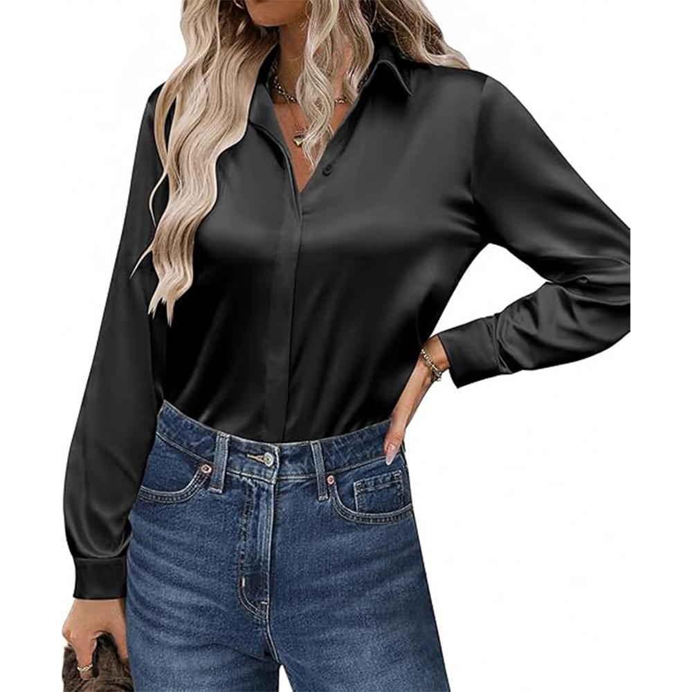 Saténové halenky pro ženy ležérní s dlouhým rukávem na knoflíky hedvábné košile elegantní pracovní tunika top