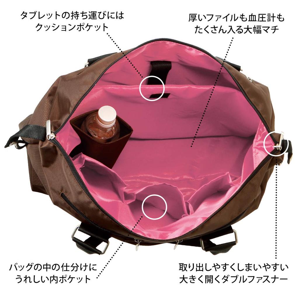 Nursery's Easy-to-use, Large-capacity Visiting Bag for Nursing Care, Made of Water-repellent Material, Black and Pink, 1048198A