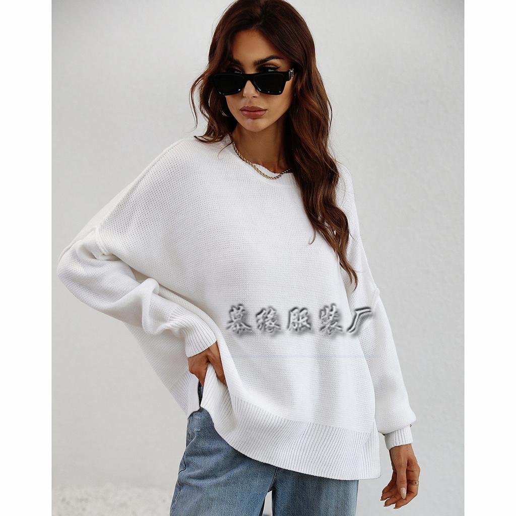 Autumn and winter fashion women's clothing crew neck knitted loose split pullover sweater women