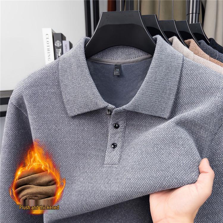 Men's Solid Mink Fleece Polo Sweater - Warm, Thick Lapel Shirt for Autumn/Winter