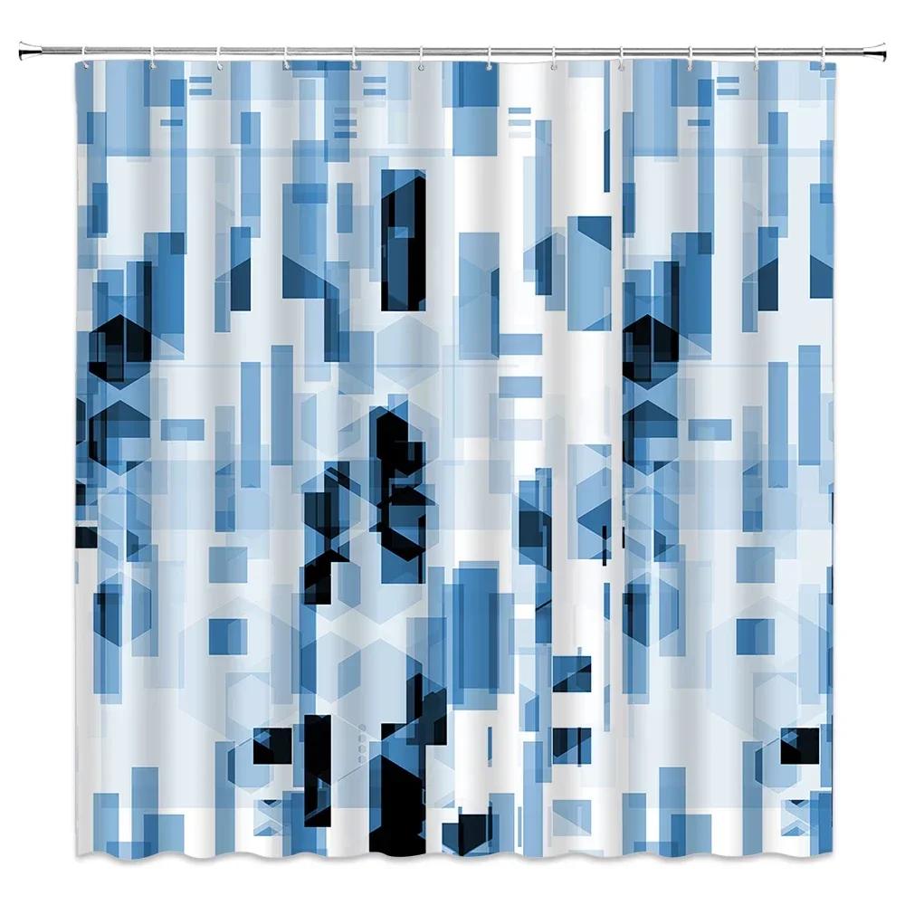 Blue Tone Shower Curtain, Mid Century Modern Lines Round Ribbed Animal Cat Tree Branch Bathroom Decorative Shower Curtains