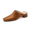 Fashion Women's New Spring and Summer Square Head Leather Retro Cow Leather Large Size Simple and Comfortable Baotou Muller Slippers