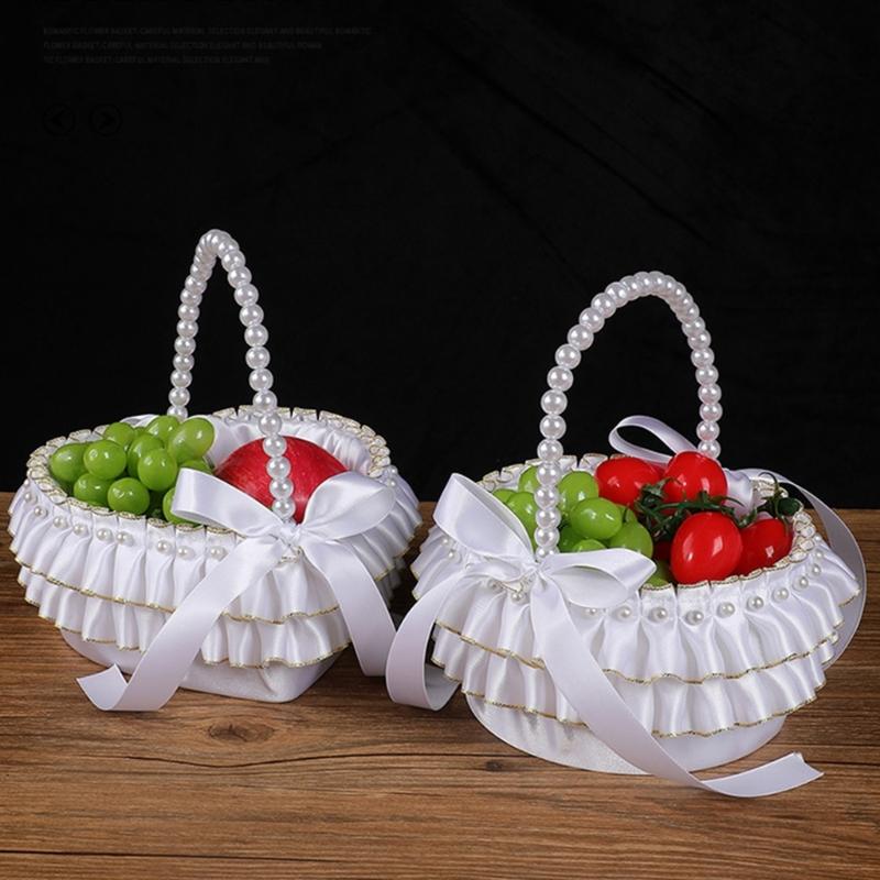 Decorative Pearls Embellished Storage Basket With Golden Edges for Wedding Reception Party Decorations