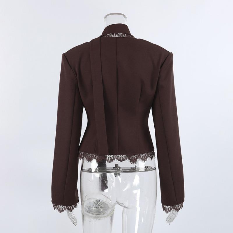 Elegant Lace V Neck Waist Cinched Slim Fit Women Blazer Outerwear