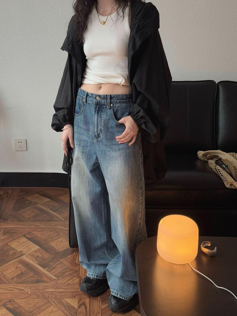 Johnature Vintage Polished Washed Jeans Loose Wide Leg Spring Summer Casual Denim Casual Women Trousers