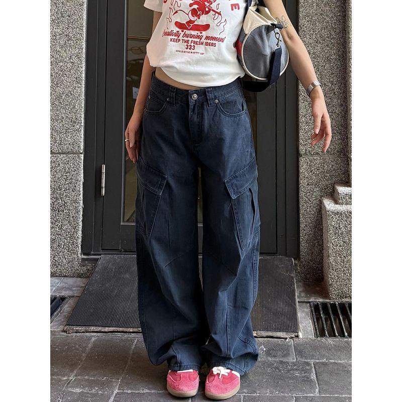 

Plus Size American Retro Large Workwear with Pocket Denim Men and Women Washed Loose High Street Profile Wide Leg Machete Pants Dark Blue XL [Recommended 60-67.5kg]