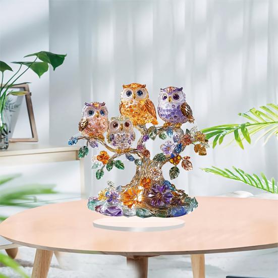 Owls Perched Tree Ornament, 2D Acrylic Owl Decoration with Base, Colorful Owl Flower Tree Ornament for Desktop Bookshelf Decor
