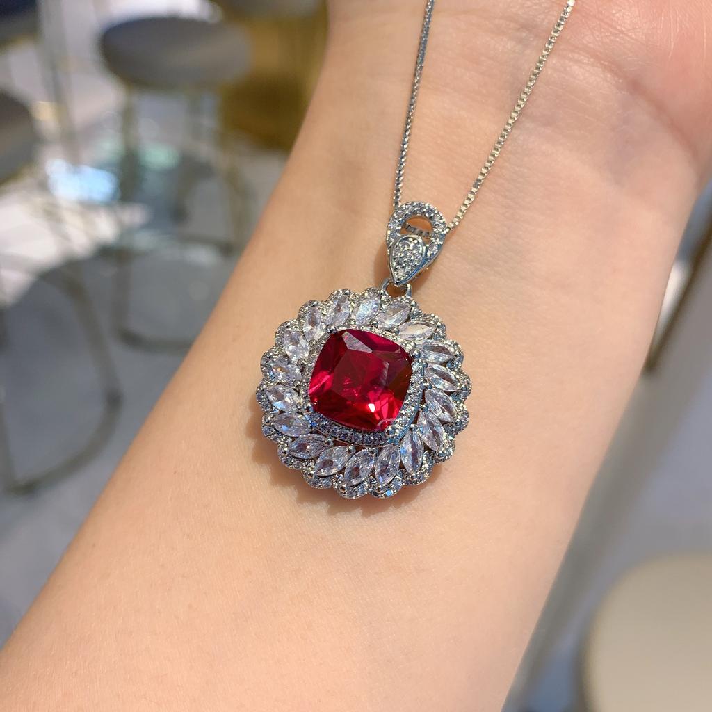 Jewelry Simulation Red Glass Square Deluxe Inlaid Pendant Earrings Ring Jewelry Set