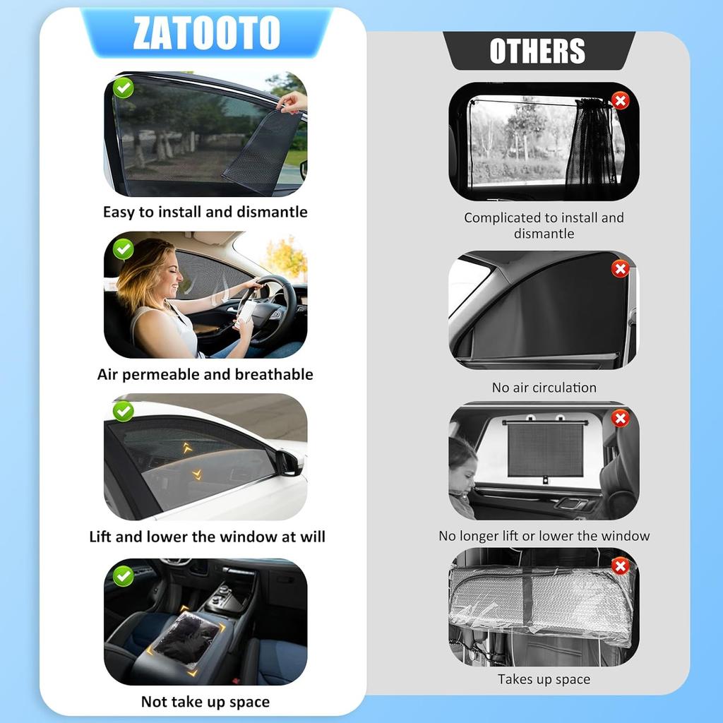 ZATOOTO Car Side Window Sun Shade 4 Pack, Window Shades For Baby Magnetic Mesh Sun Shade Protection From Heat And UV For Sleeping, Camping,