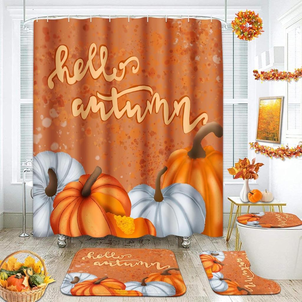 Arttown Fall Shower Curtain Set With Toilet Lid Cover And Non-Slip Rugs, Gnomes Autumn Pumpkins Teal Truck Thanksgiving Harvest