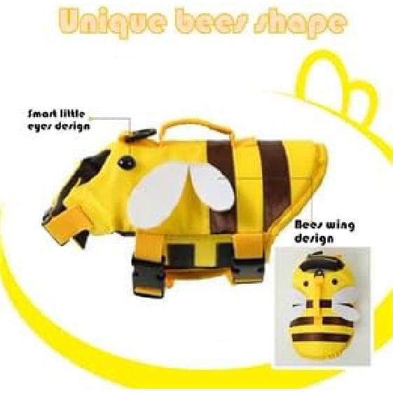 AZA Dog Life Jacket Shark Life Vest with Rescue Handle Cute Bees Costume Girl Adjustable High Buoyancy Swimwear for Small Medium Large Dogs Boy