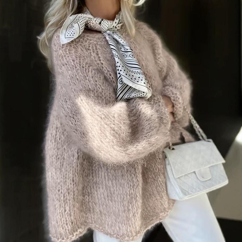 Suéter de Punto de Mohair Sintético Otoño/Invierno: Suelto, Moderno, Cuello Redondo Mangas de Linterna, Suéter Suave