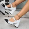 Fashion one-word buckle high-heeled thick-heeled small leather shoes new retro color matching Mary Jane shoes women