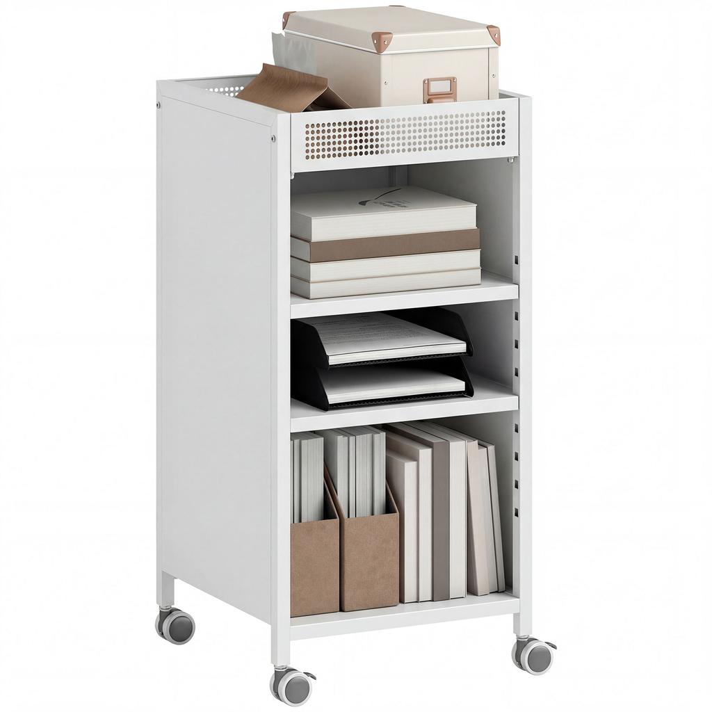 Mobile Bookshelf with Adjustable Shelves, 3-Tier Rolling Cart with Top Basket, White