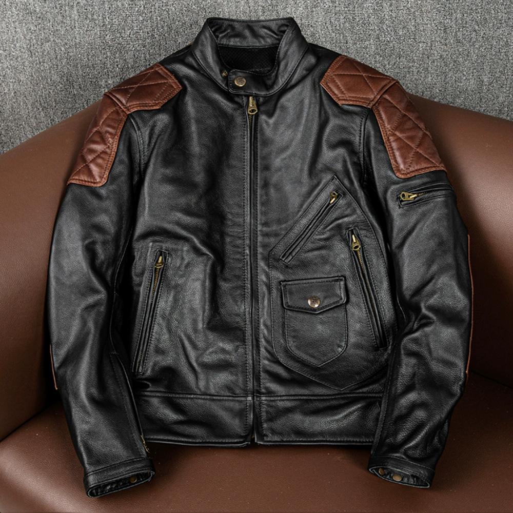 Genuine Leather Jacket Men Real Cowhide Biker Motorcycle Riding Coat with Armor Pads Winter Outerwear