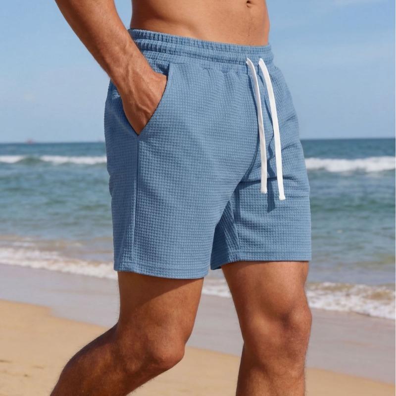 Pantaloncini casual da uomo a tinta unita in maglia waffle con coulisse in vita