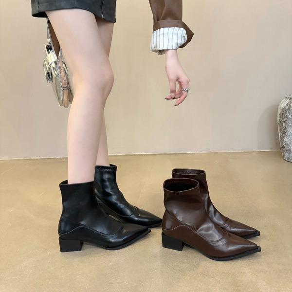 

Coarse Heel Black Pointed Short Boots Women s Shoes Autumn and Winter Versatile Elastic Skinny Small Naked Boots 40 коричневый