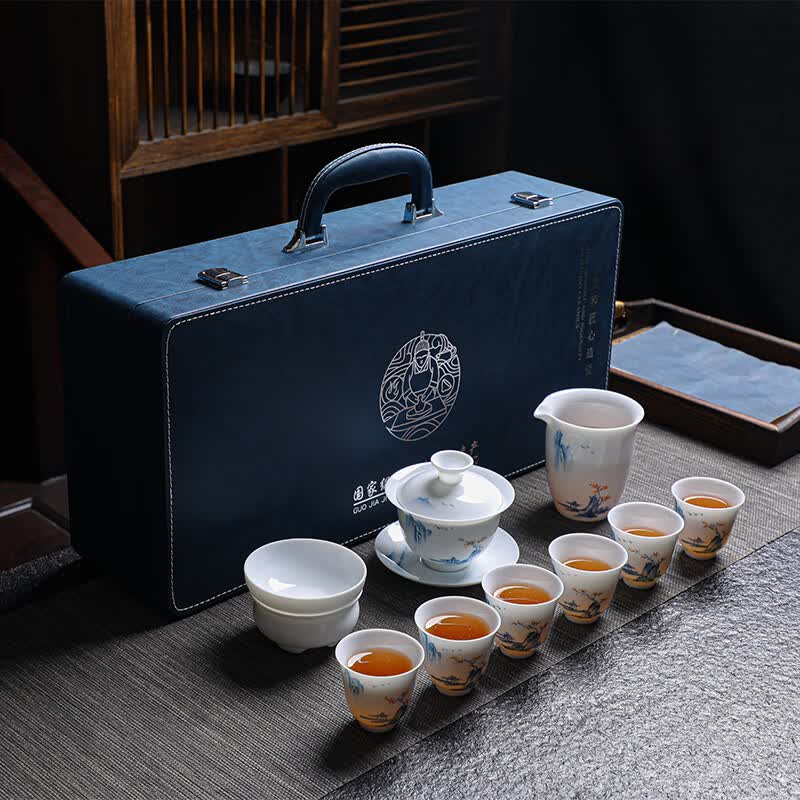 Tuopai Hand-Painted Suet Jade Porcelain 10-Piece Gaiwan Tea Set