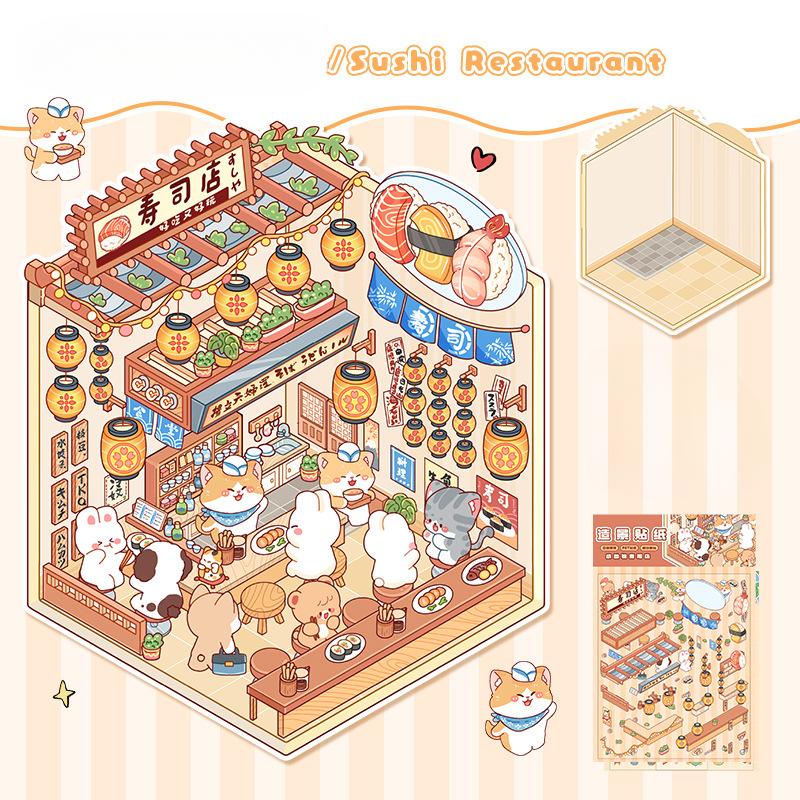 Cartoon Miniature Scene 3D Stickers Retro DIY PET Landscape Stickers Decompression Korean Stationery Scrapbooking Posters