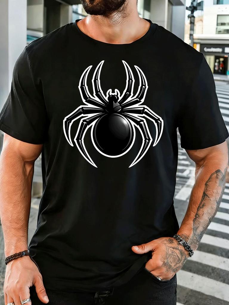 Black Spider With White Outline Unisexs Front Print T Shirt Creepy Insect Graphic Tee Casual Short Sleeve Horror Style Lover Gift