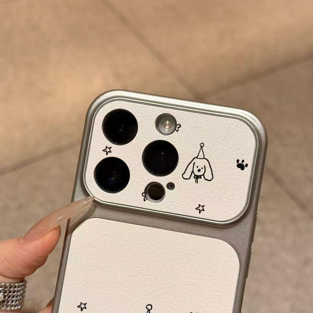 Three Little Dogs Cartoon Phone Case for Apple iPhone 11, 13, 15, 16 Pro Max with Large Window and Silver Frame