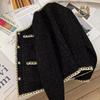Womens Black Short Tweed Blazer Jacket With Gold Thread Detail Casual Chic Office Wear