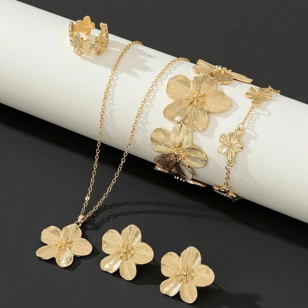 5/6PCS Women's W Jewelry Set Fashionable Casual Flower Necklace Bracelet Earrings Ring Set Suitable for Daily Wear and As Gifts