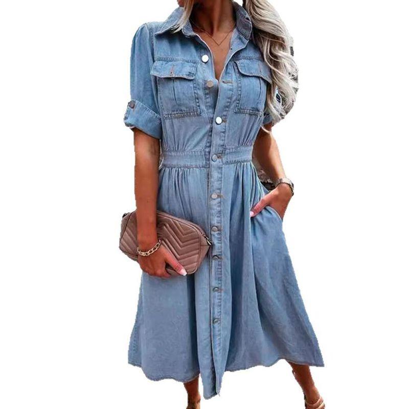Collar Brewed Slim Fit Denim Dress Lapel Breasted Silm Denim Dress