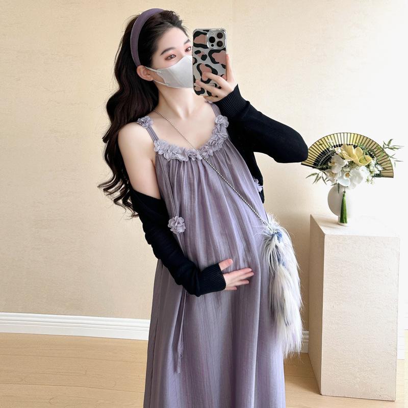 2026 Korean Style Maternity Chiffon Dress & Cardigan Set Extra Large