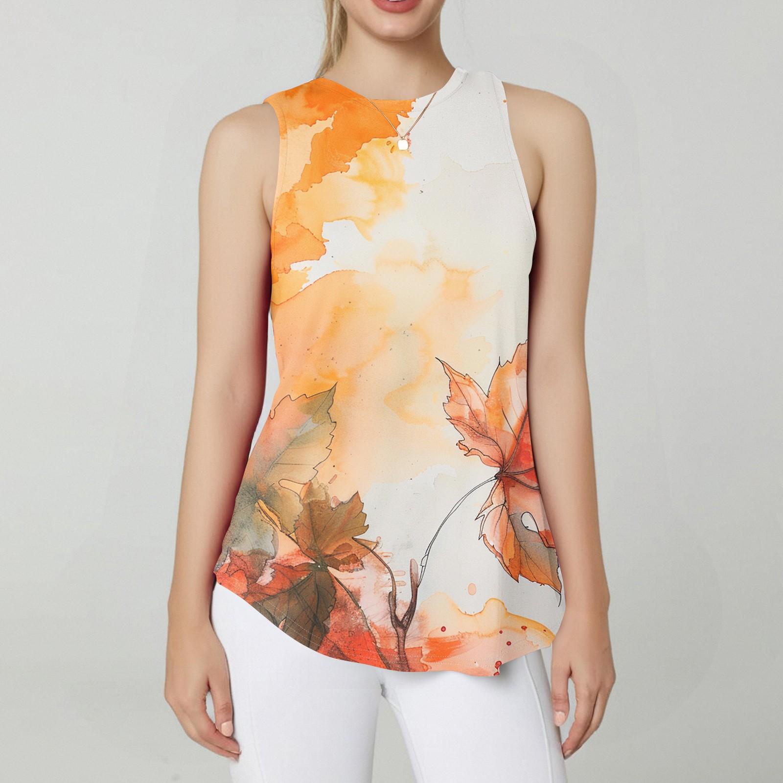 

Женская мода повседневный безрукавка жилет винтажный принт круглый вырез без рукавов топ M оранжевый