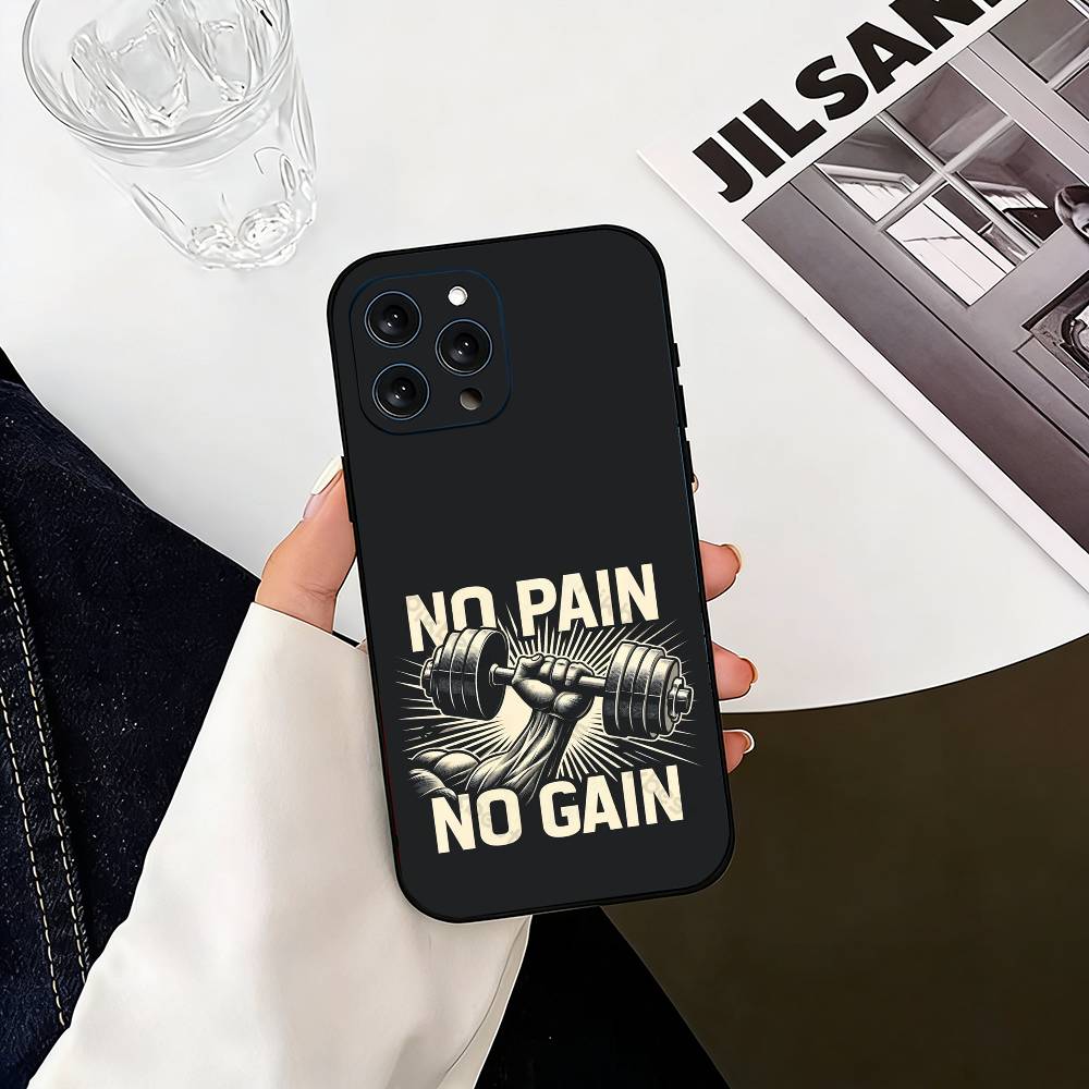 No Pain No Gain Gym Phone Case For iPhone 17,16,15,14,13,12,11 Plus,Pro Max,XS,Soft Silicone Black Cover