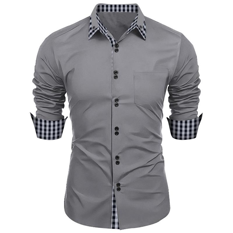 Fashionable Men s Spring Autumn Men s Plaid Color Matching Slim Casual Shirt Long Sleeved Shirt M серый