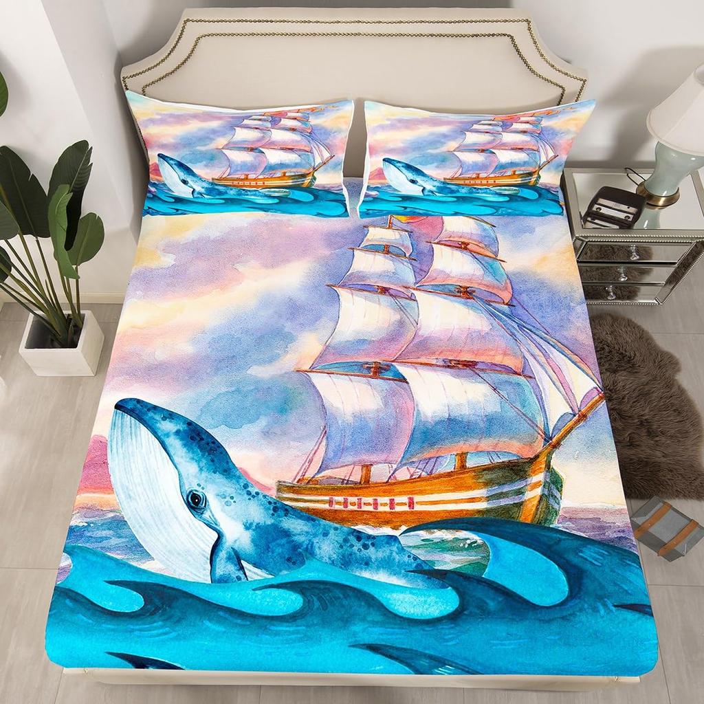 Whale Comforter Cover Twin SizeOcean Theme Bedding Set For KidsNautical Sailing Quilt Set Ocean Duvet Set Ocean Decor 3 Pieces