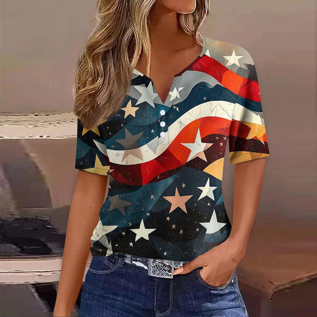 Women's Fashion Casual Independence Day Print V-neck Short Sleeve Decorated Button T-shirt Top
