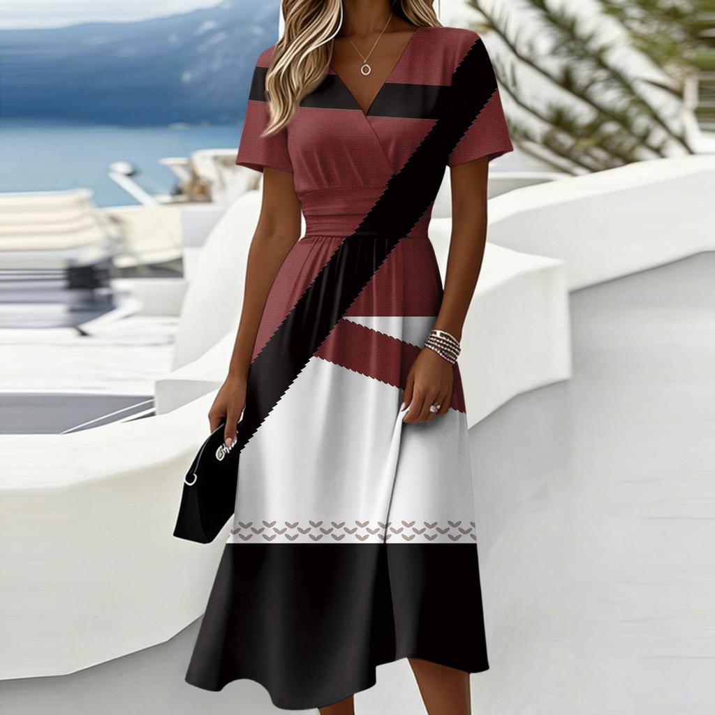 Ladies' Floral Casual Fashionable Short Sleeved V-neck Dress