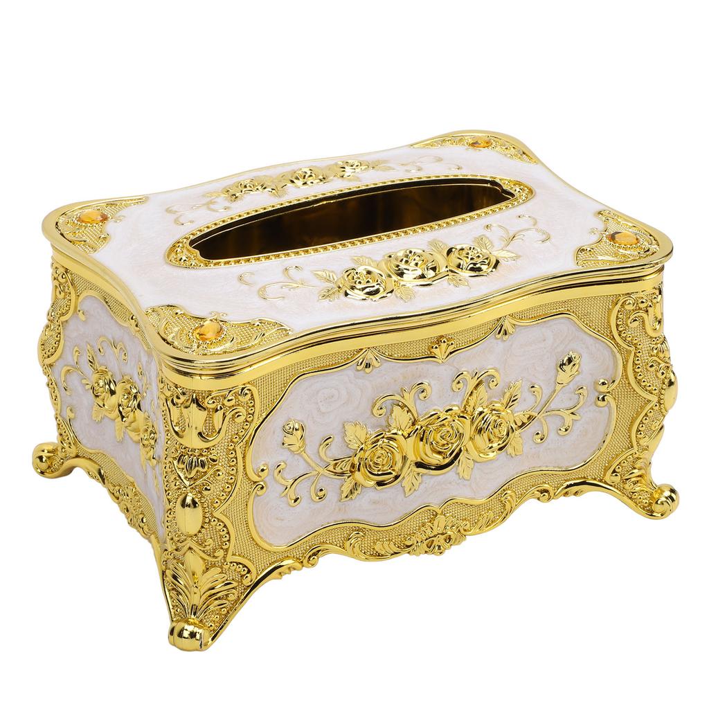 Tissue Box Cover Holder Luxury Facial Napkin Paper Towel Organizer Dining Room Ornaments Rose Pattern Gold White