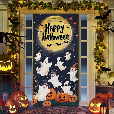 Jack Pumpkin Lights Ghosts Graveyard Cobwebs Skulls Bones Halloween Door Hanging Banner for Halloween Decoration