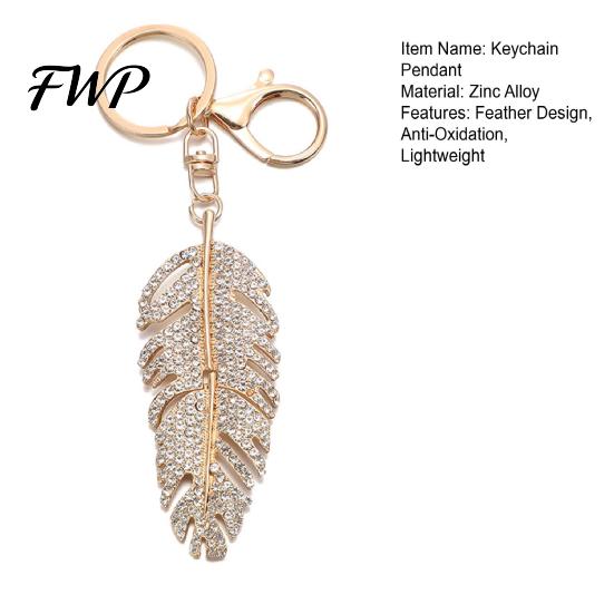 Rhinestones Inlay Keychain Pendant Inlaid Feather Shape Key Chain with Anti-Oxidation Lobster Clasp Backpack Bag Accessory Alloy