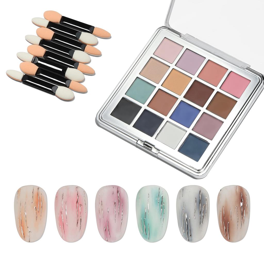 Coikaze Gradient Nail Powder Nail Color Mirror Nail Metallic Nail DIY Nail Gel Gradient 8 Sponge Tips 16-Color Palette Powder, Powder, Powder, Nails,