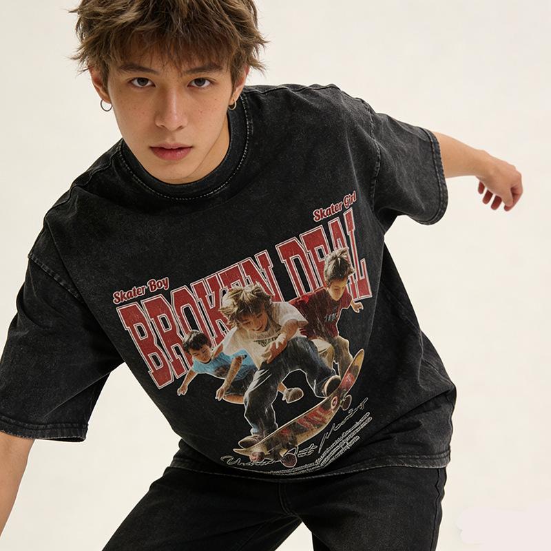 American Street Trendy Brand Men'S T-Shirt Digital Direct Injection Printing Retro Washing Water Old Short-Sleeved T-Shirt Men