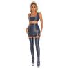 Womens Glossy Crop Top Skirt Set Sleeveless Racerback with Thigh High Stockings Partywear