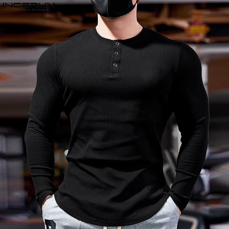 INCERUN Men Round Neck Long Sleeve Rib Casual Fitted Tops T-shirts Undershirts