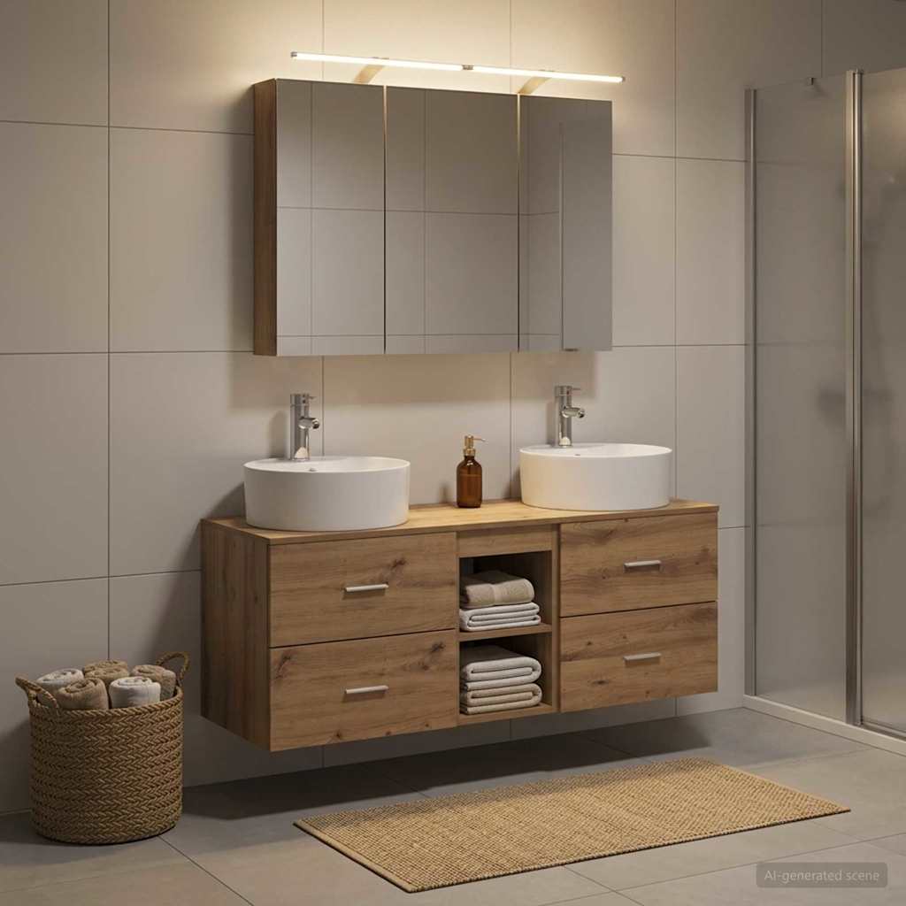 Bathroom Furniture Set 4 Pcs Artisan Oak Engineered Wood and Glass