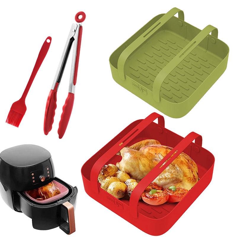 3PCS Airfryer Oven Baking Tray Silicone Non Stick Airfry Pan Liner Pizza Fried Chicken Basket Baking Pan with Brush & Food Tong