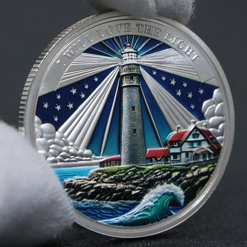 Moeda comemorativa de farol, alto relevo, medalha comemorativa, moeda, ornamento artesanal, banhada a ouro e prata