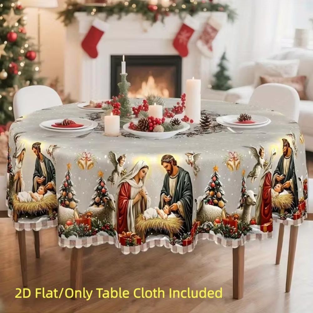 Waterproof 2D Flat Tablecloth Red Green Contrast Color Stain-resistant Christmas Round Tablecloth Non-slip Candy Stripe