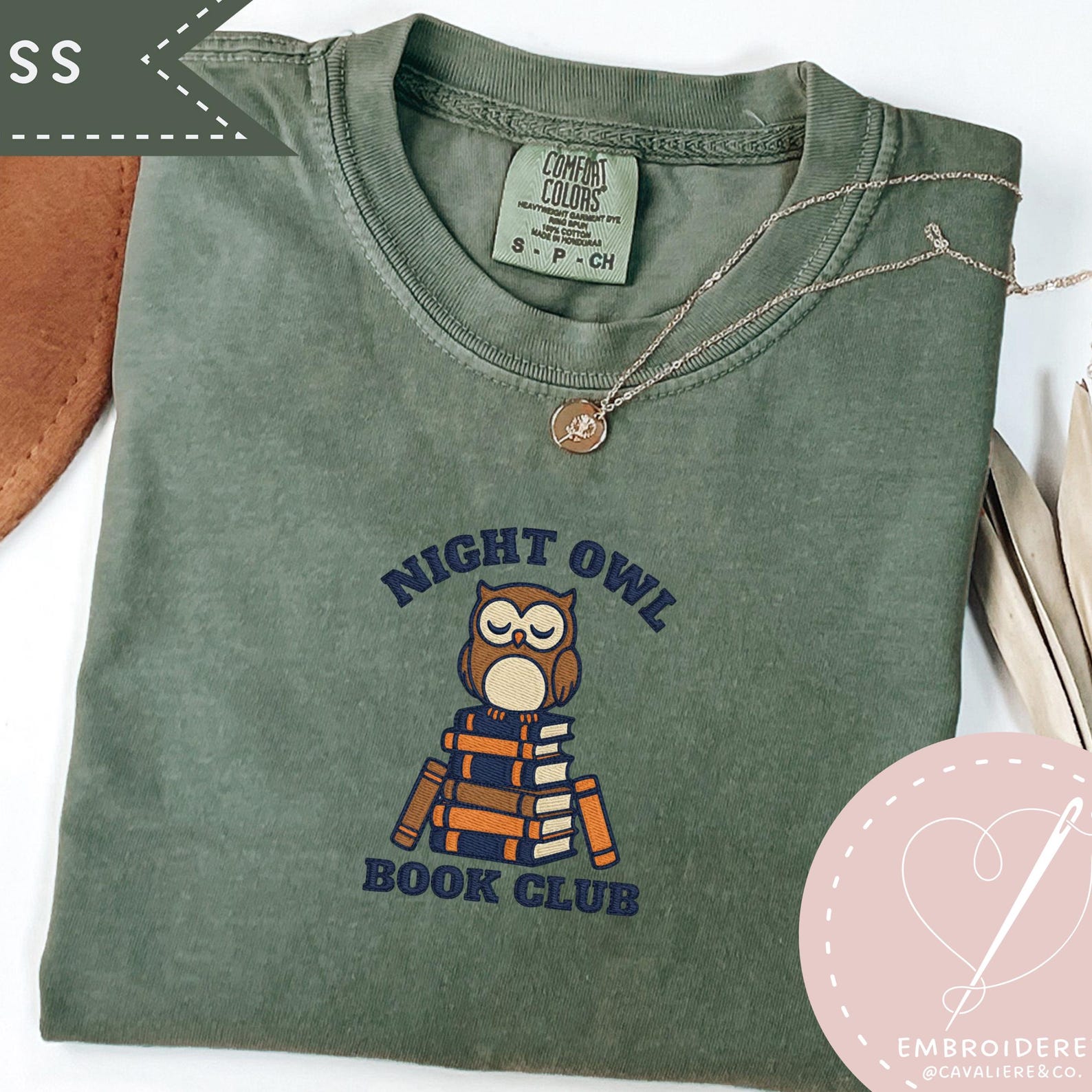 Night Owl Book Club Tee, Embroidered Comfort Colors Reader Tshirt, Gift for Book Lover, Owl Lover Gift 2XL