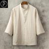 Men's Retro Cotton-Linen Summer Shirt with Stand Collar and Loose Five-Point Sleeves
