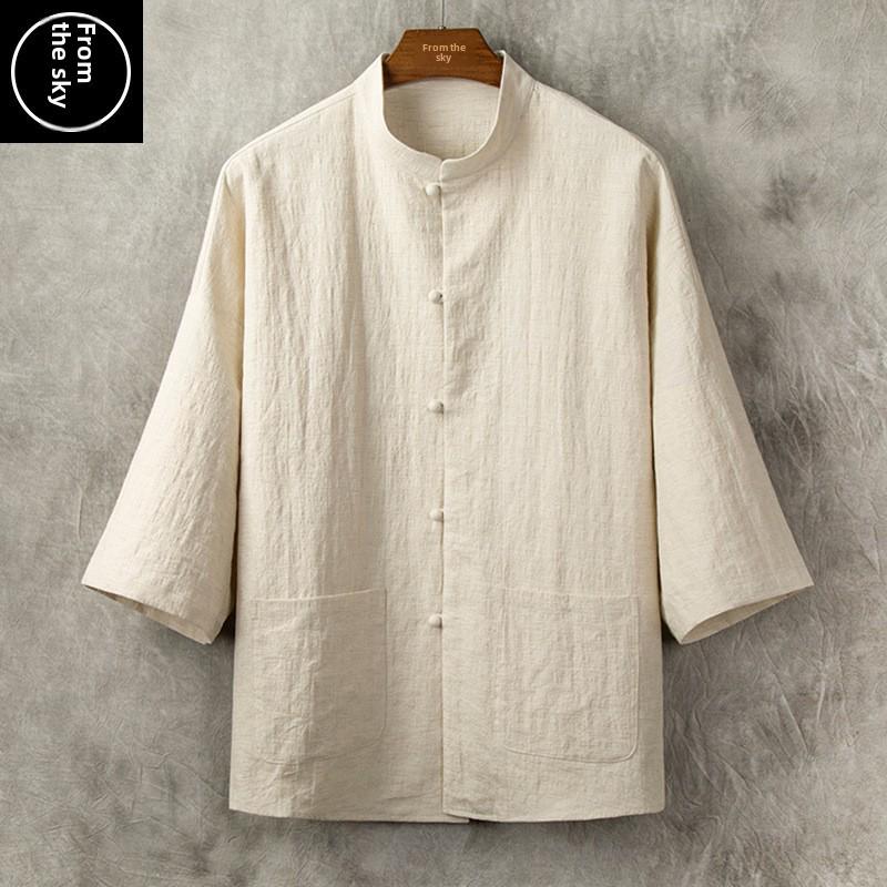 Men's Retro Cotton-Linen Summer Shirt with Stand Collar and Loose Five-Point Sleeves