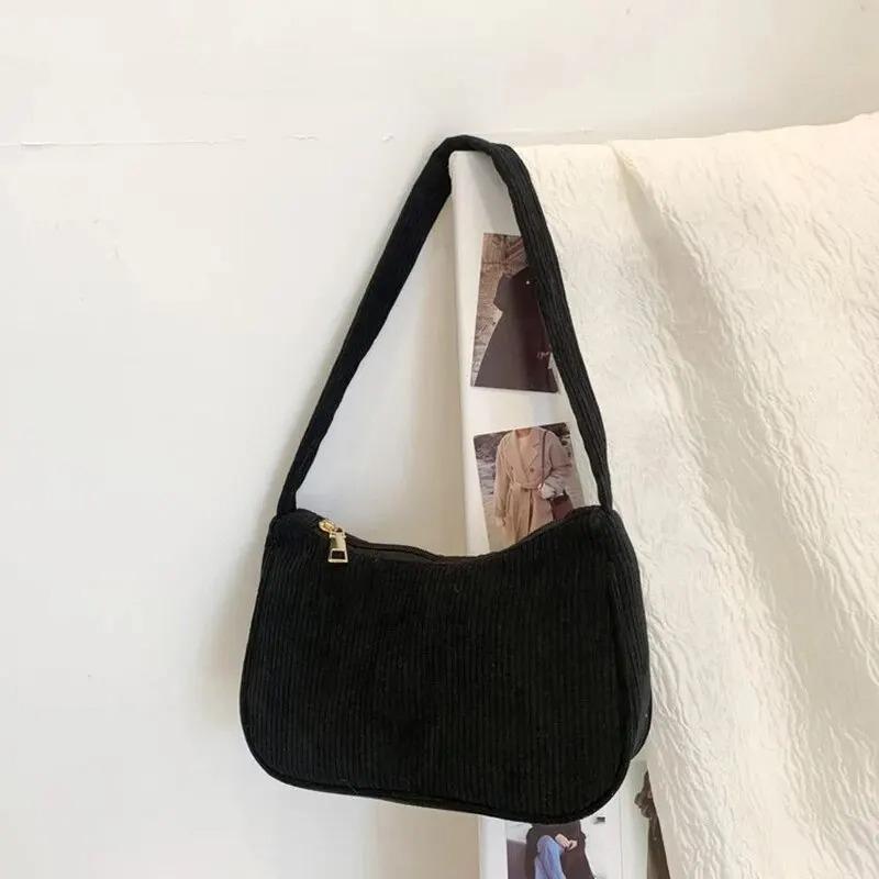 

Retro Underarm Bag Women s Half Mo Shoulder Bag Fashi Solid Color Small Handbags For Women New Zipper Corduroy Clutch чёрный